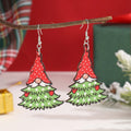 Wooden geometric Christmas earrings with Christmas tree and water drop snowman designs featuring Santa Claus elements