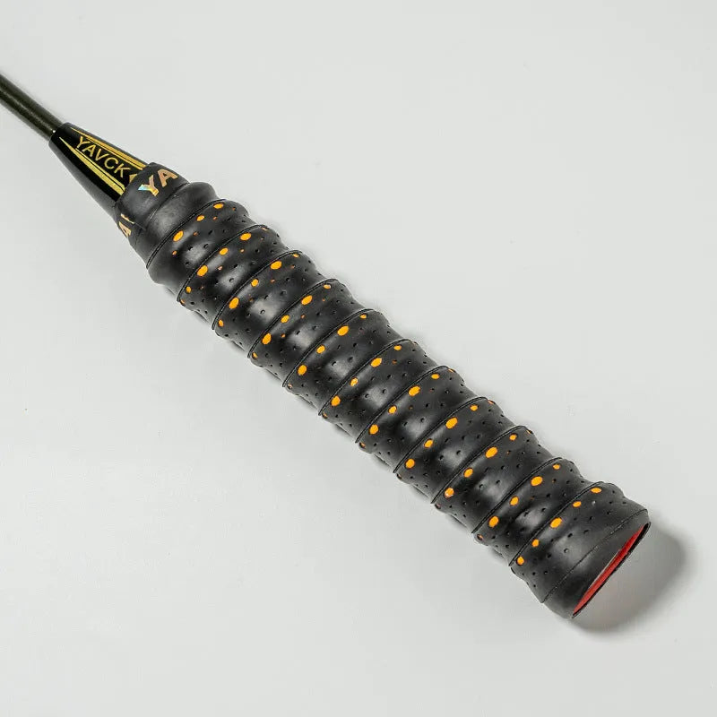 PU sports grip sweatband in various colours, shown wrapped around a tennis racket handle.