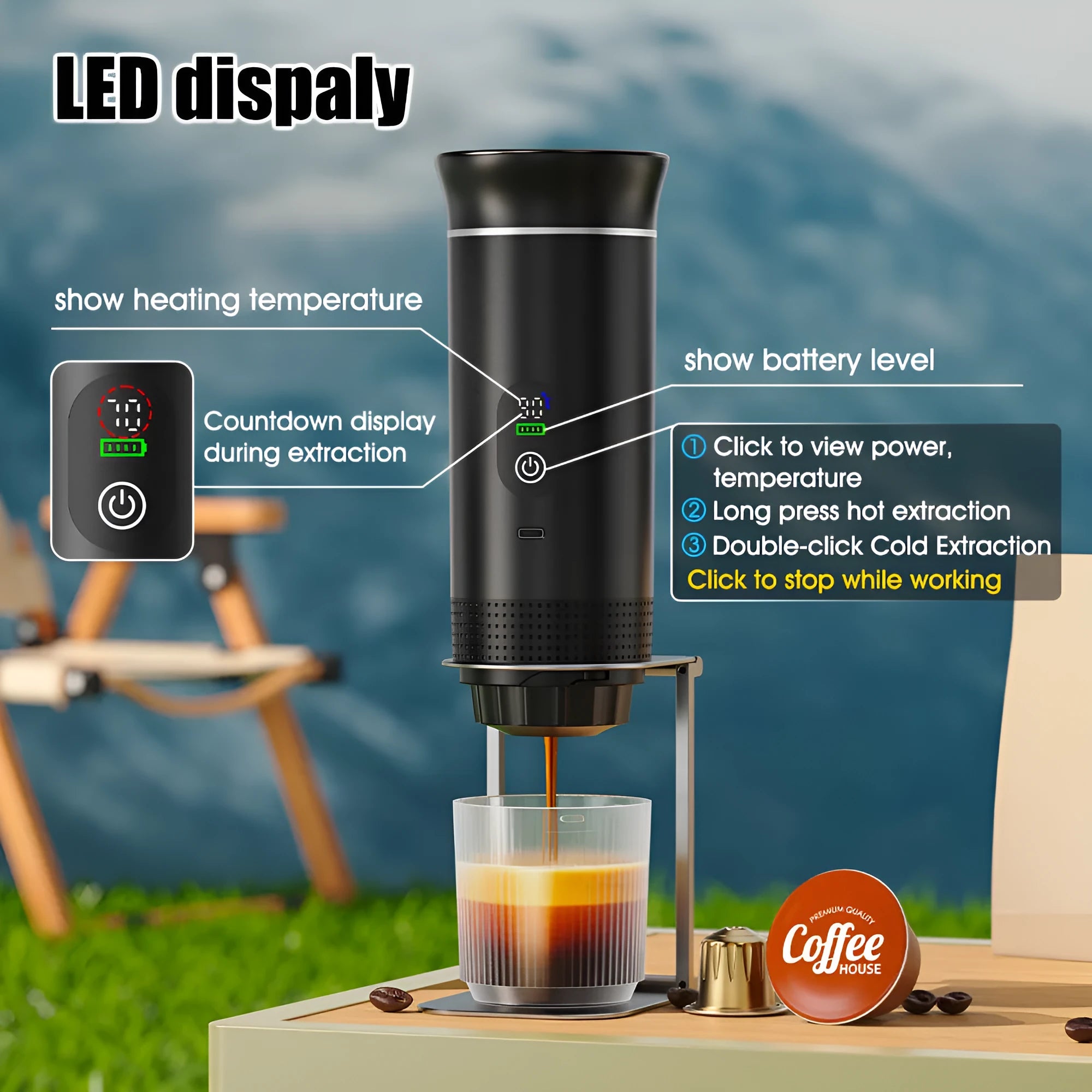 Black portable electric capsule coffee machine with LCD screen for use in cars and outdoor travel.