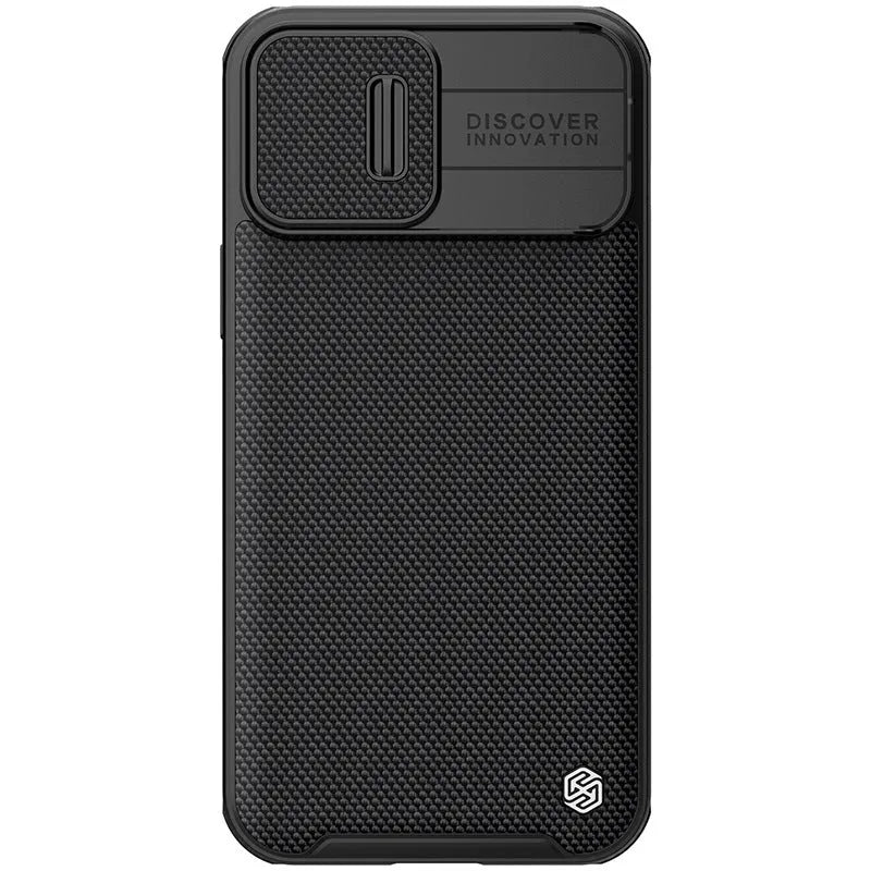 Black textured sliding phone case for Apple iPhone 13 Pro Max, shown from the back.