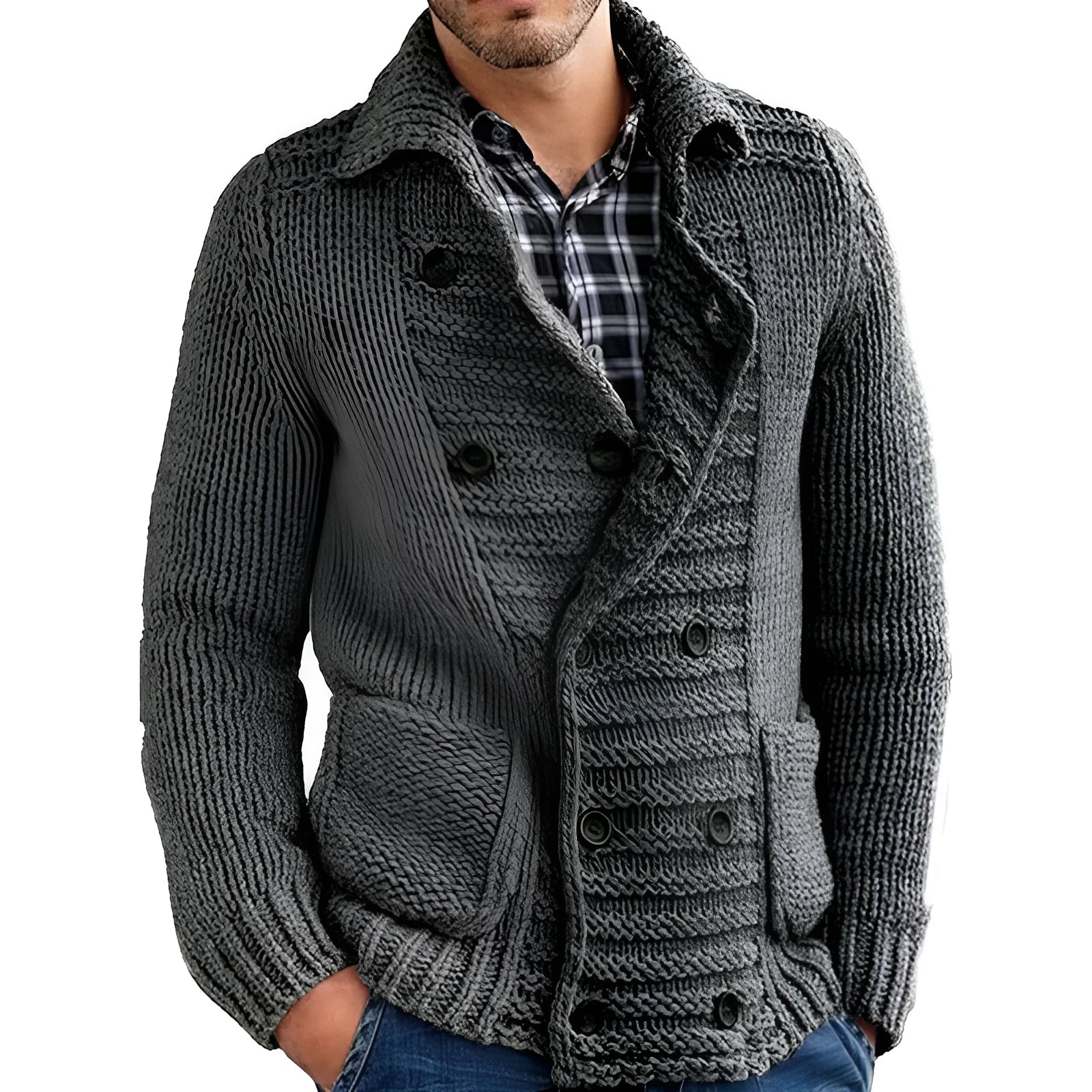 Men's cotton blended loose fit lapel cardigan jacket in solid colour, front view