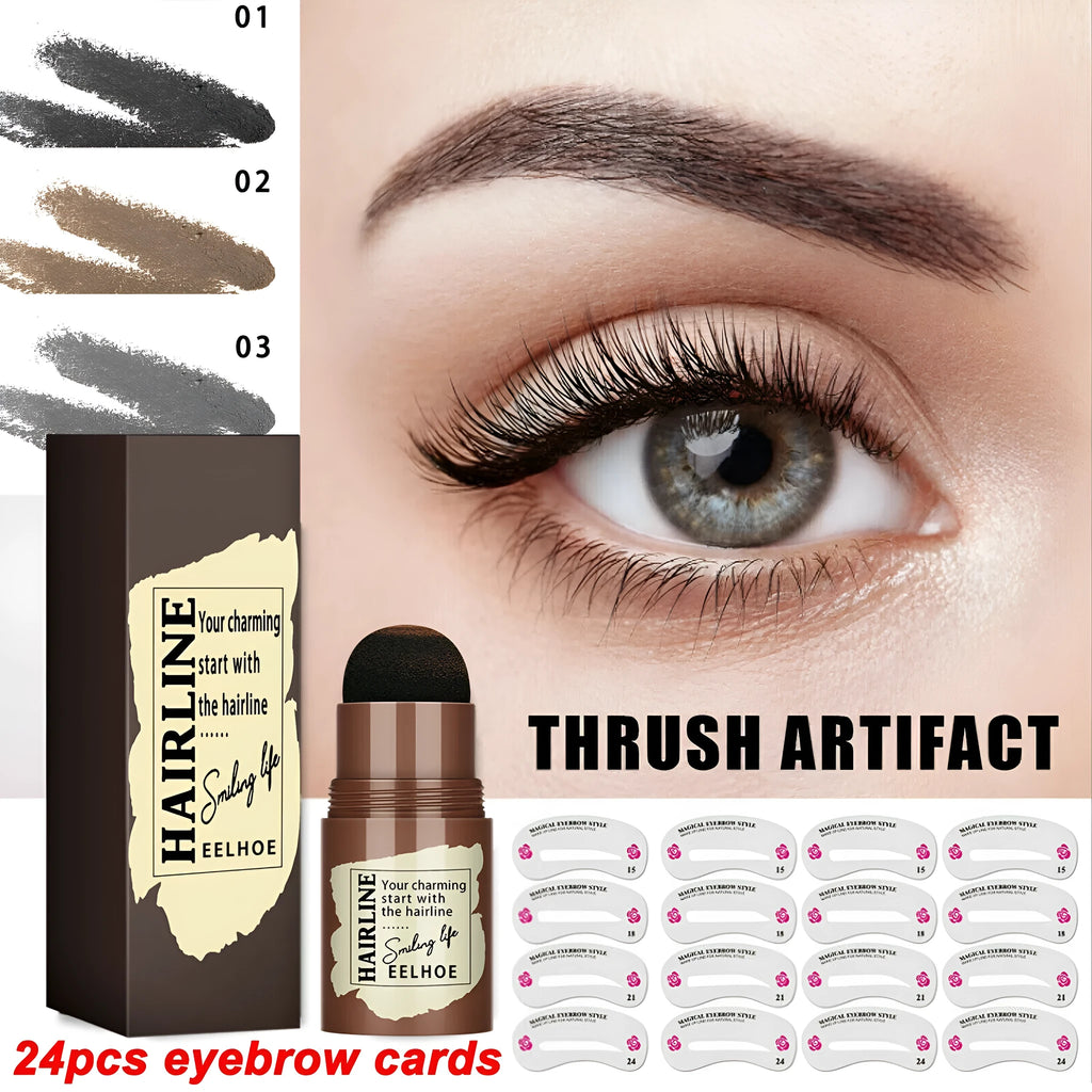 24-piece eyebrow stamp stencil kit with airbrush stamp, 24 stencils, and 4-colour powder on a white background