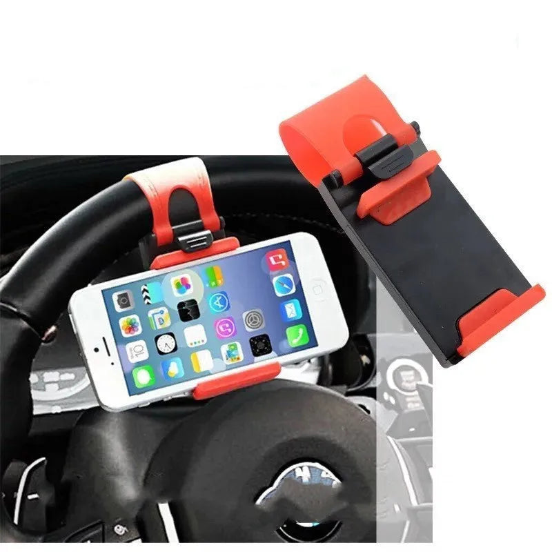 Black car steering wheel mobile phone holder made of ABS plastic, showing its 75mm width