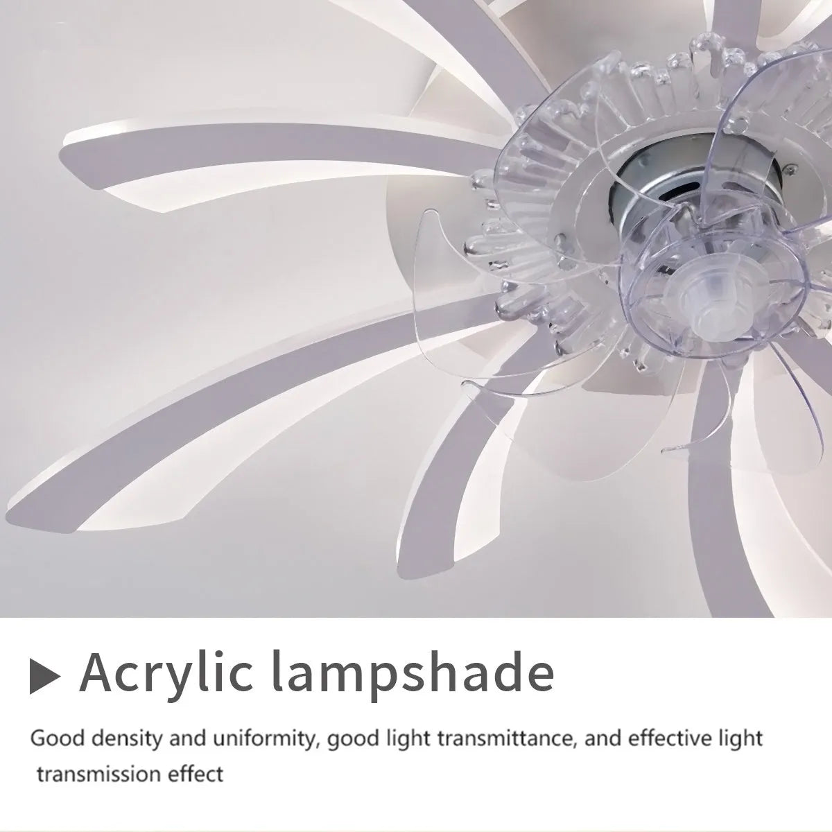 Modern white and black framed ceiling fan light with floral design blades and integrated acrylic light shade