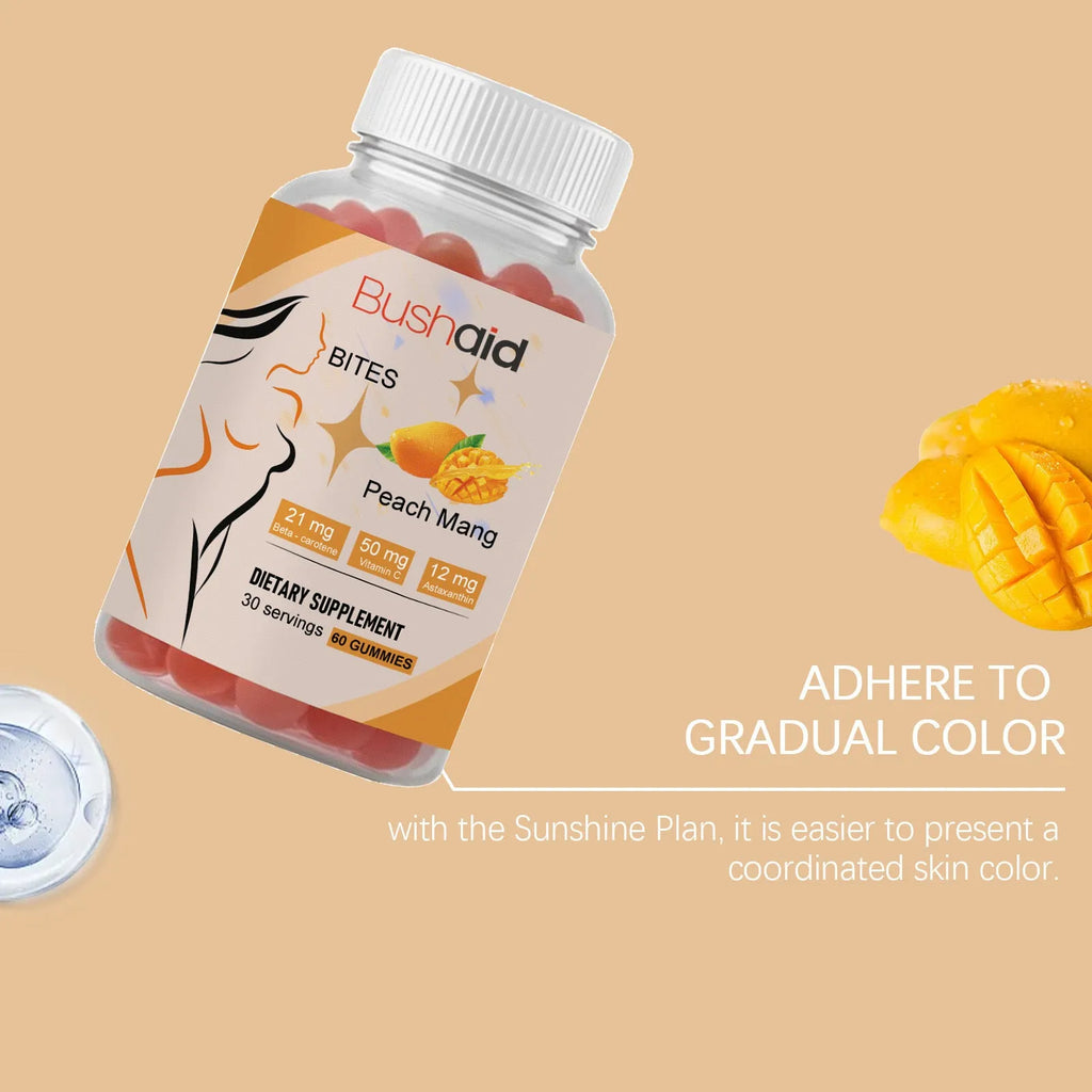 BUSHAID tanning supplement gummy candies showing 60 soft chews containing astaxanthin and vitamins