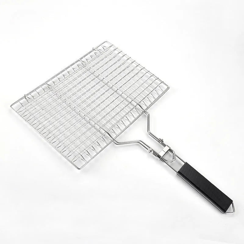 Square folding stainless steel wire barbecue mesh basket with a cleaning brush on a grill.