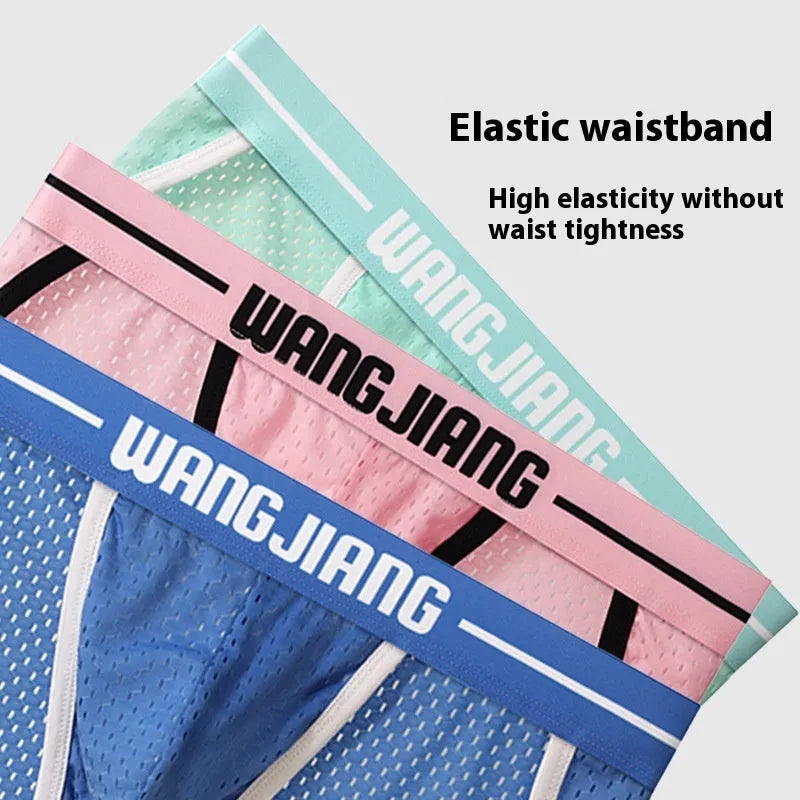 Men's solid colour ice silk triangle underwear briefs in breathable mesh fabric with quick-drying properties