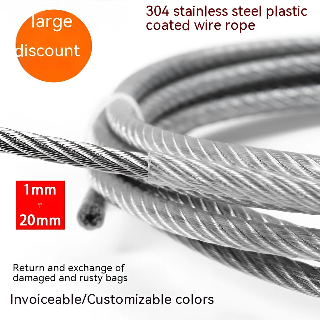 Coiled 304 stainless steel security wire rope with multiple diameter options on a white background.