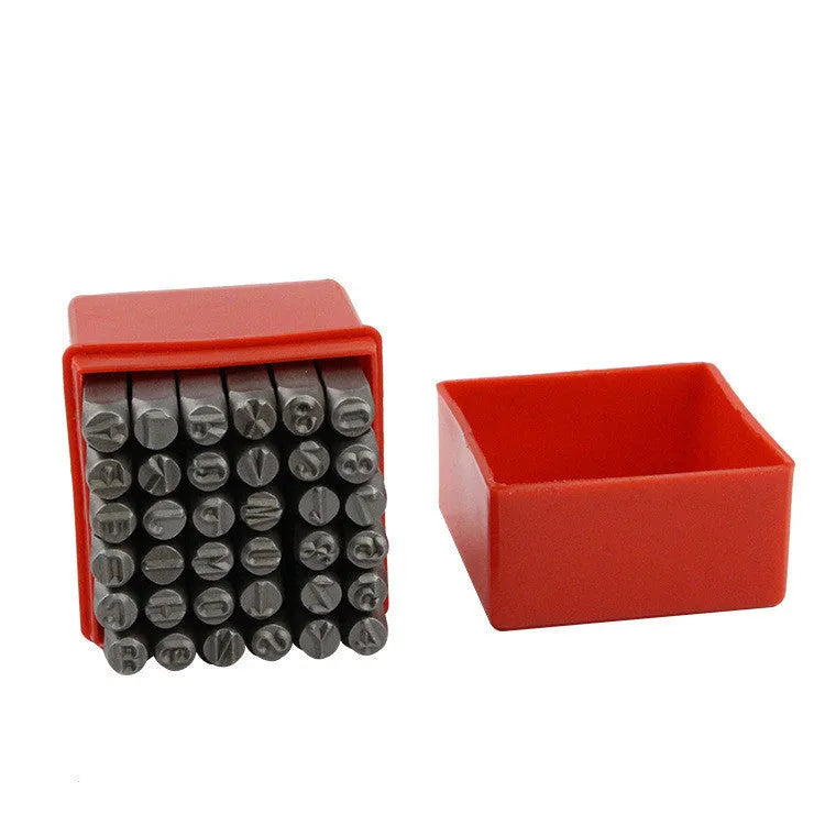 36-piece steel letter and number stamp set in sandblasted finish with storage box, four character sizes