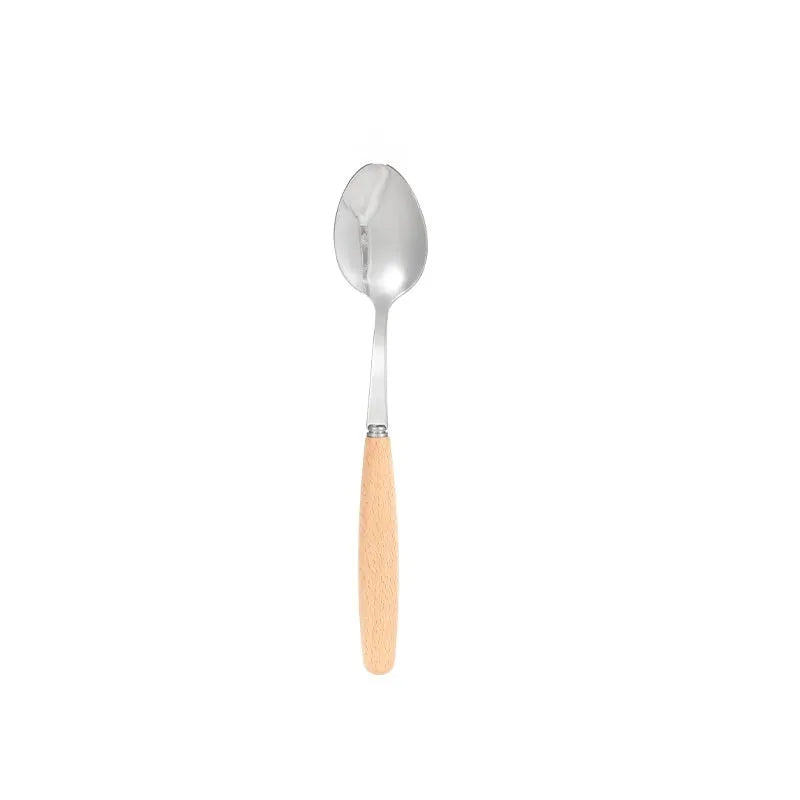 Waxed canvas tableware storage bag containing wooden handle cutlery set with chopsticks, knife, fork and spoons