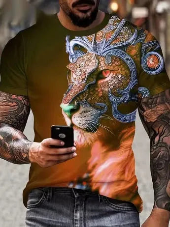 Men's grey T-shirt with a detailed 3D lion face print on the front.