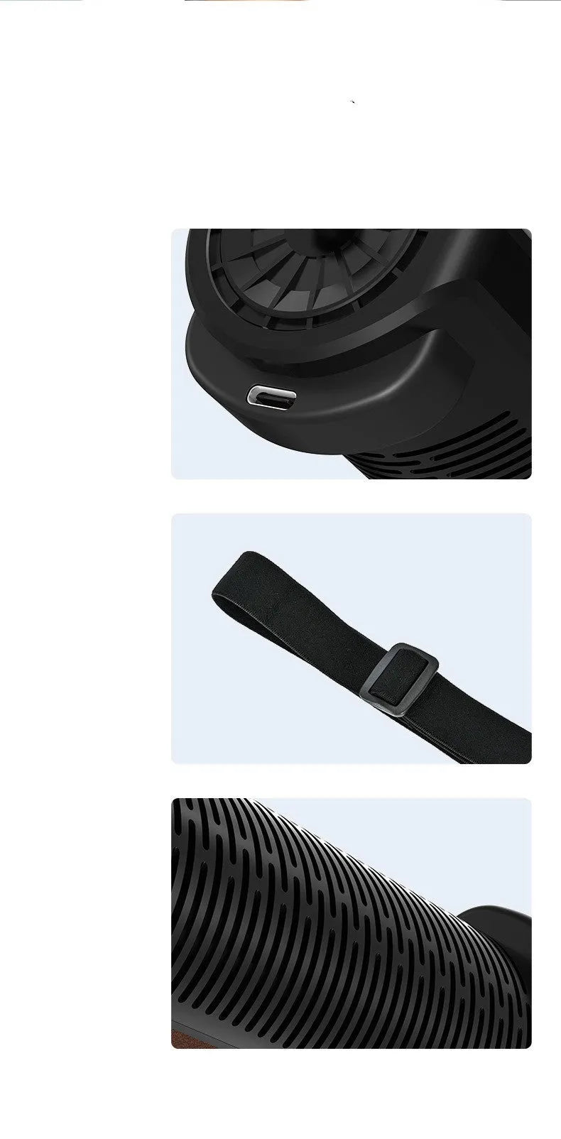 Compact bladeless car fan with USB cable, shown in black colour on a car dashboard.