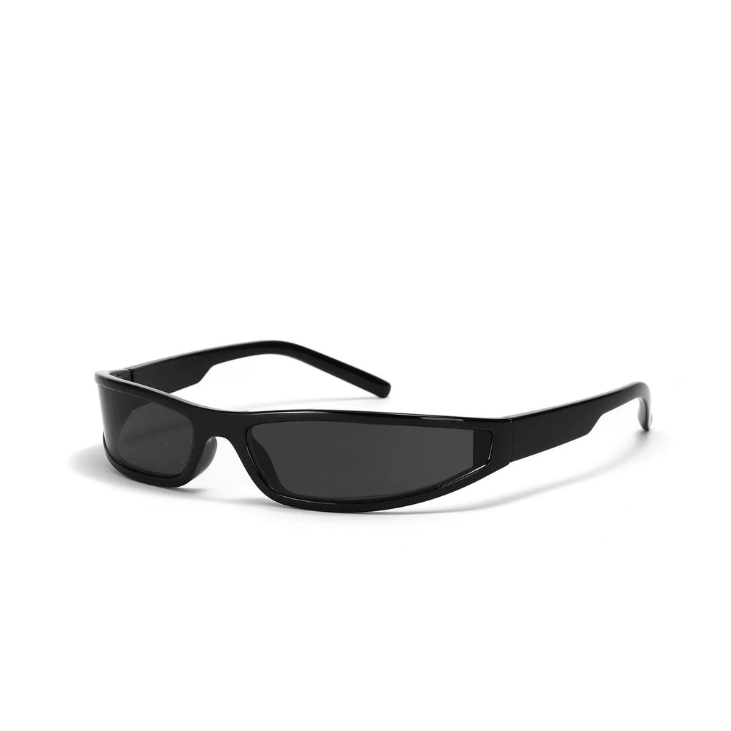 Creative narrow frame sunglasses for women in future style with mercury lens colour options.