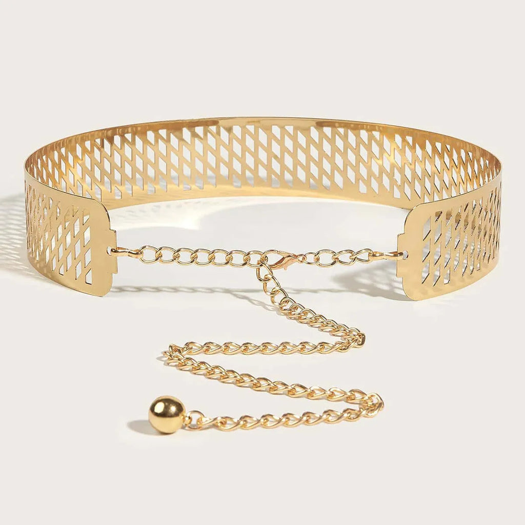 Gold iron waist ring belt with detailed lantern design, 4.5cm wide with alloy hook buckle.