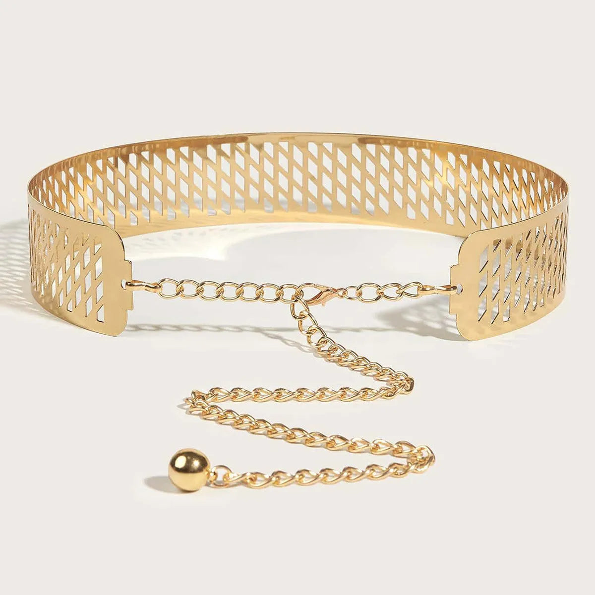 Gold iron waist ring belt with detailed lantern design, 4.5cm wide with alloy hook buckle.