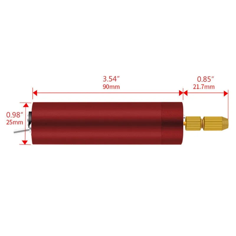 Small aluminium USB electric drill and grinder with three drill bits and cable on a white background.