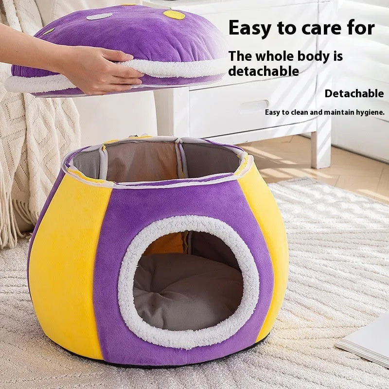 Grey mushroom-shaped plush cat nest bed for pets on a white background.