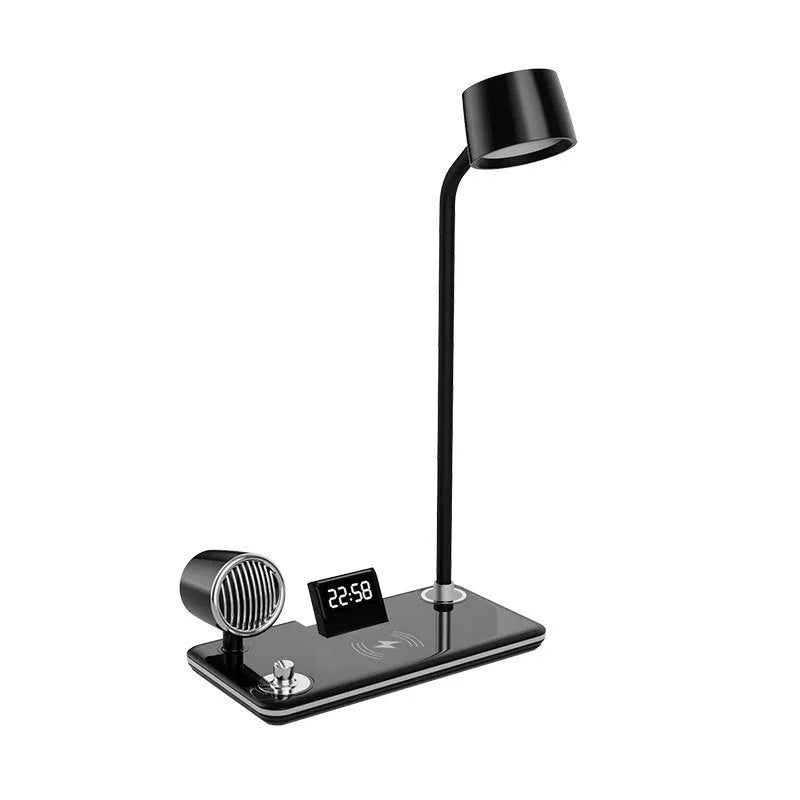 White wireless charging desk lamp with digital clock display showing time