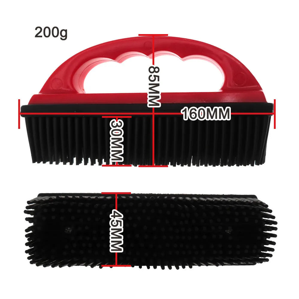 Red handheld pet hair removal brush for grooming and carpet cleaning, shown at 160mm by 85mm.