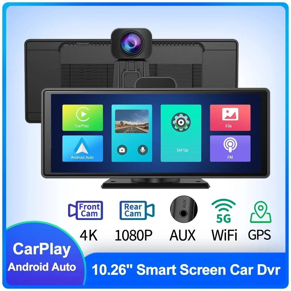 Black 10.26-inch touch screen car DVR with rear camera on a car dashboard