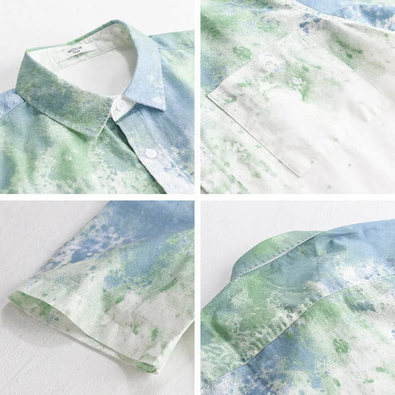 Mens grey hanging dyed pure cotton short-sleeved shirt with loose cardigan style on hanger
