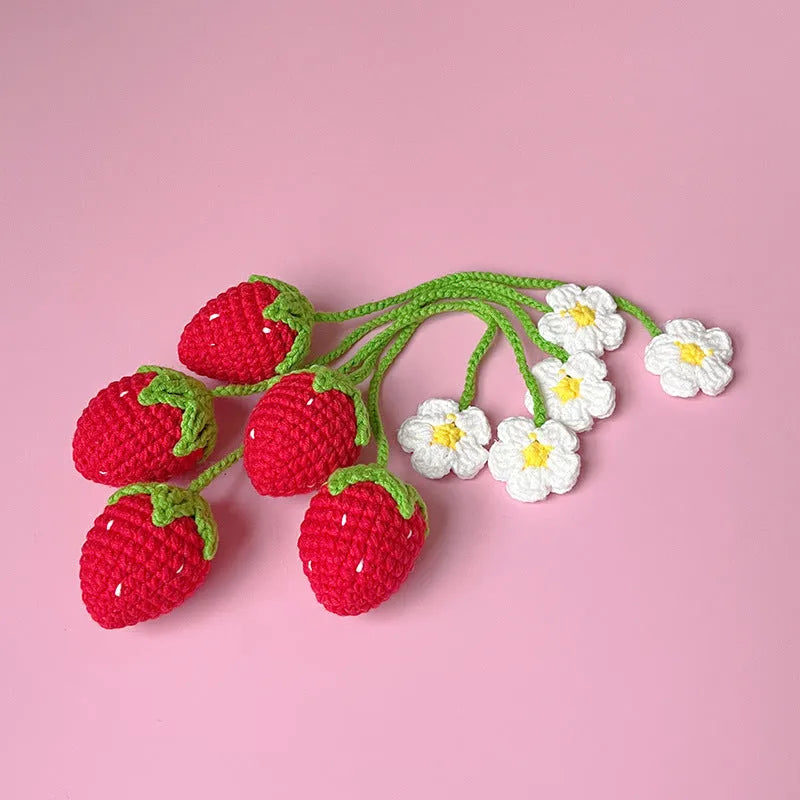 Wool crochet strawberry pendant necklace with woven design measuring 35cm in pink or red colour
