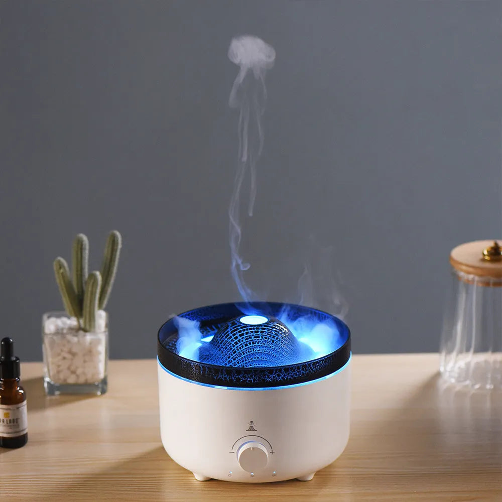 White simulated flame volcano humidifier and aroma diffuser with remote control