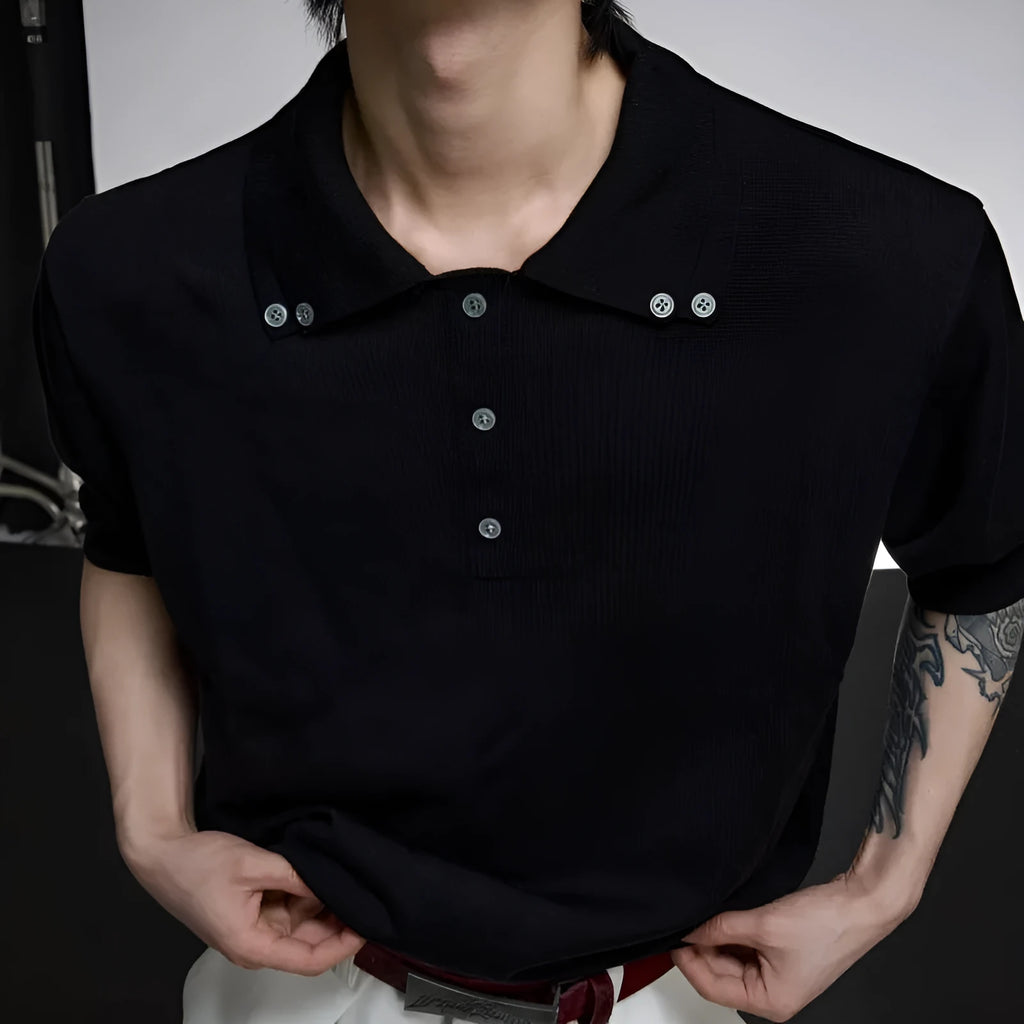 Men's double collar short sleeve polyester shirt in loose fit showing lapel detail