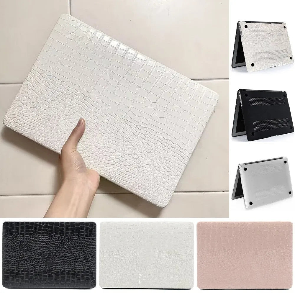 MacBook protective case with crocodile pattern texture and hollowed-out Apple logo design in black colour