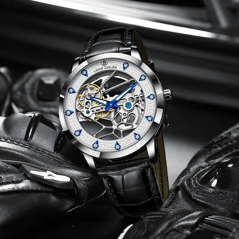 Men's silver waterproof mechanical watch with white dial, luminous blue hands, and black leather strap.