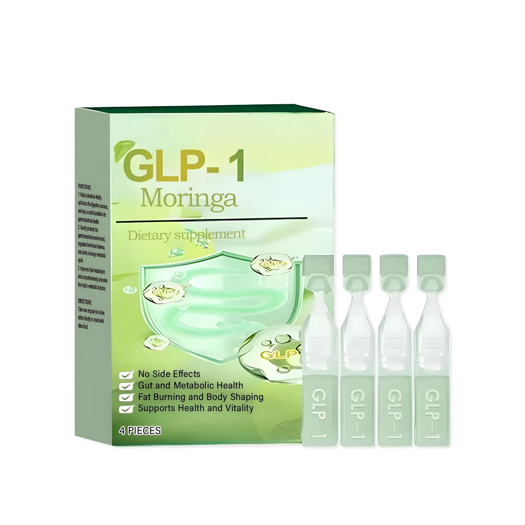 Four small glass dropper bottles of gastrointestinal decompression care drops with a mint leaf extract formula.