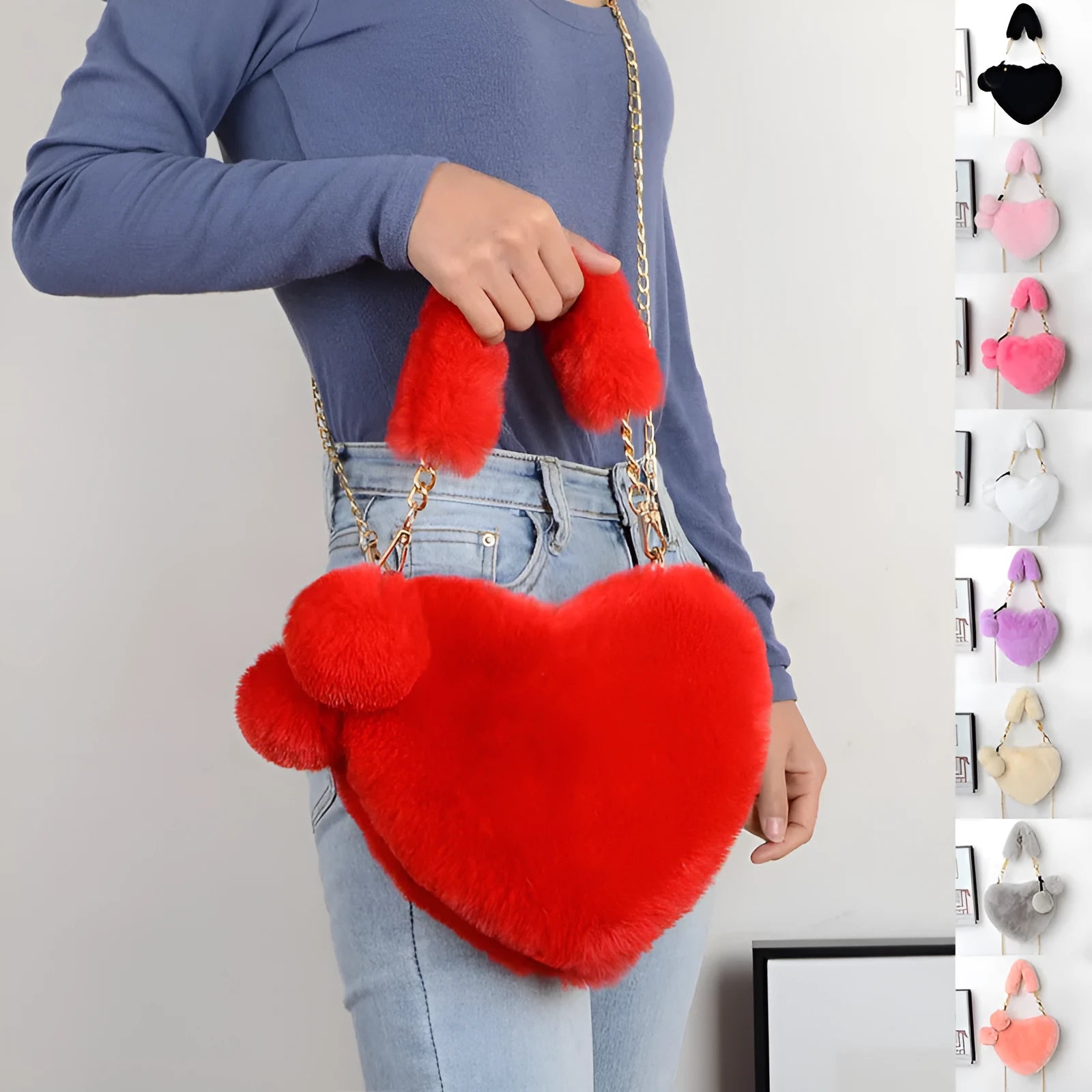 Women's soft plush heart-shaped handbag in medium size with adjustable shoulder strap