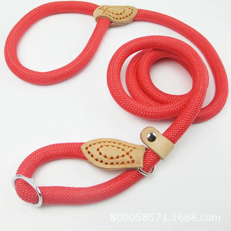 Brown nylon dog leash with P chain hand grip showing 2.1 metre length
