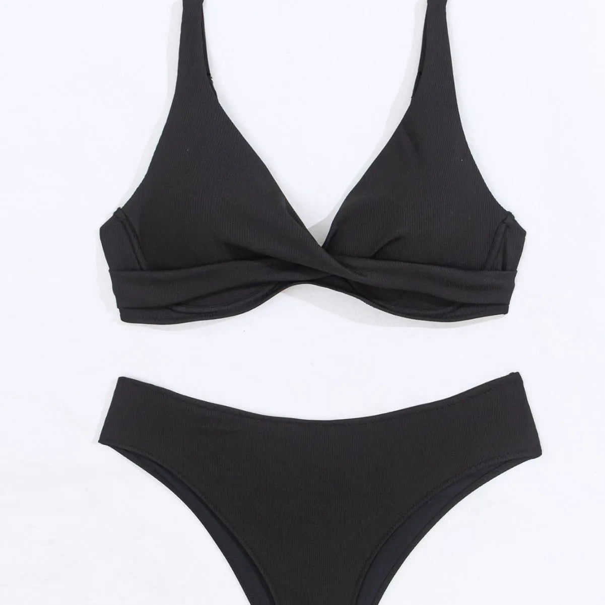 Women's black ribbed texture two-piece bikini set on a mannequin, showing briefs style.
