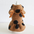 Polka dot pet dog clothes with elk couple design in skirt and four-leg styles on a mannequin.