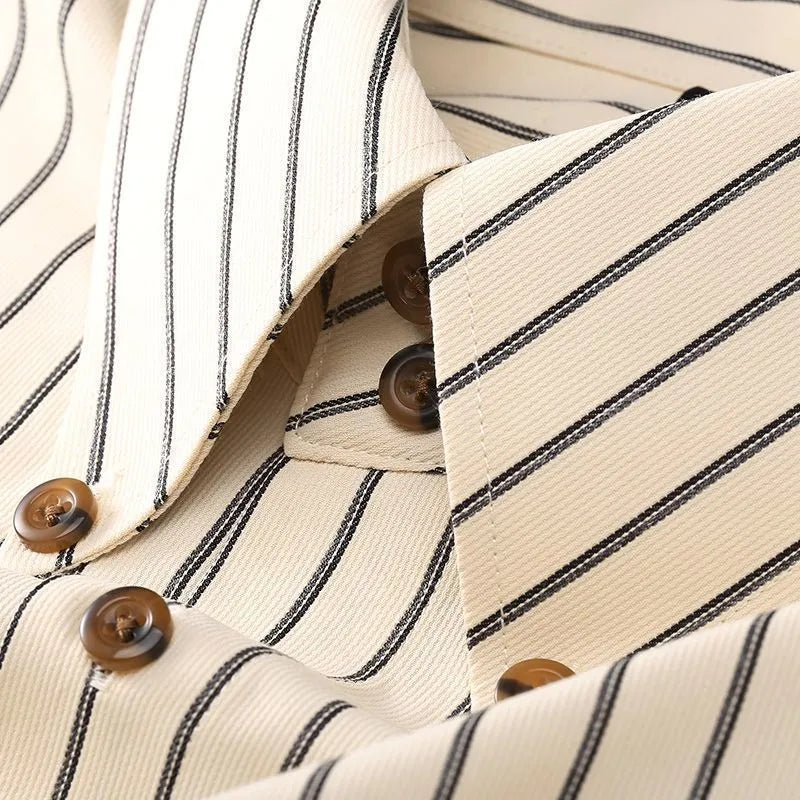 Coffee colour striped men's long-sleeved shirt with wool lining and slim fit