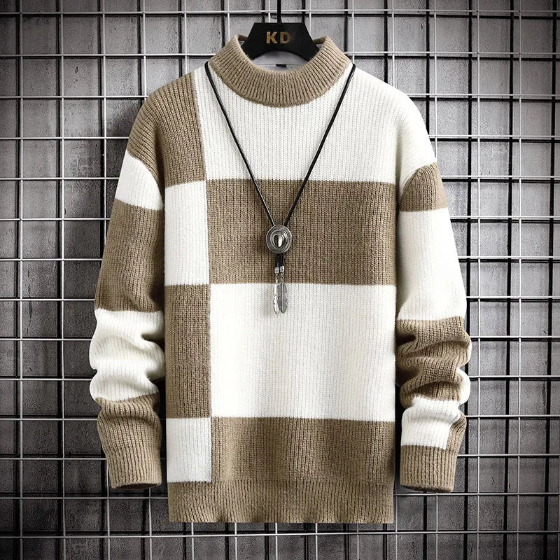 Men's casual cardigan in colour block black with white collar, loose fit, thickened modal polyester fabric
