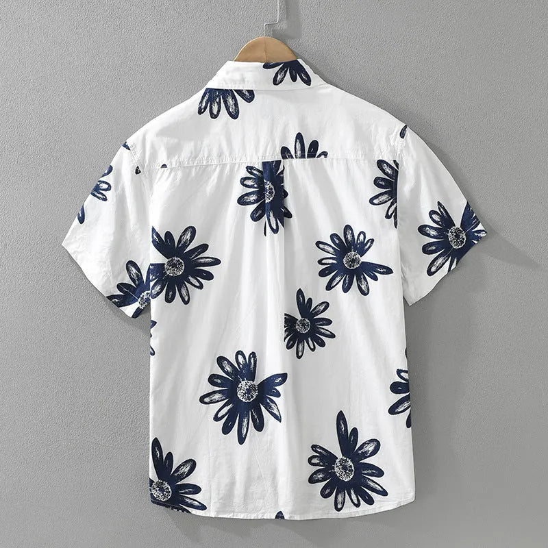 Men's printed short sleeve shirt in apricot colour with loose fit design