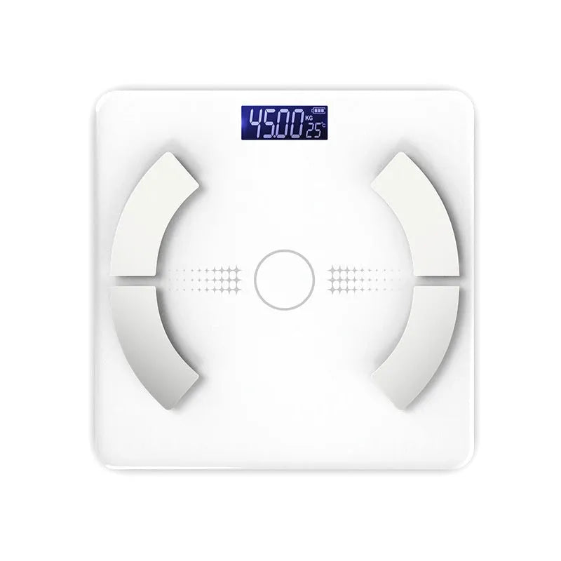Smart Bluetooth body fat scale in white, black or pink colours with display showing body composition metrics