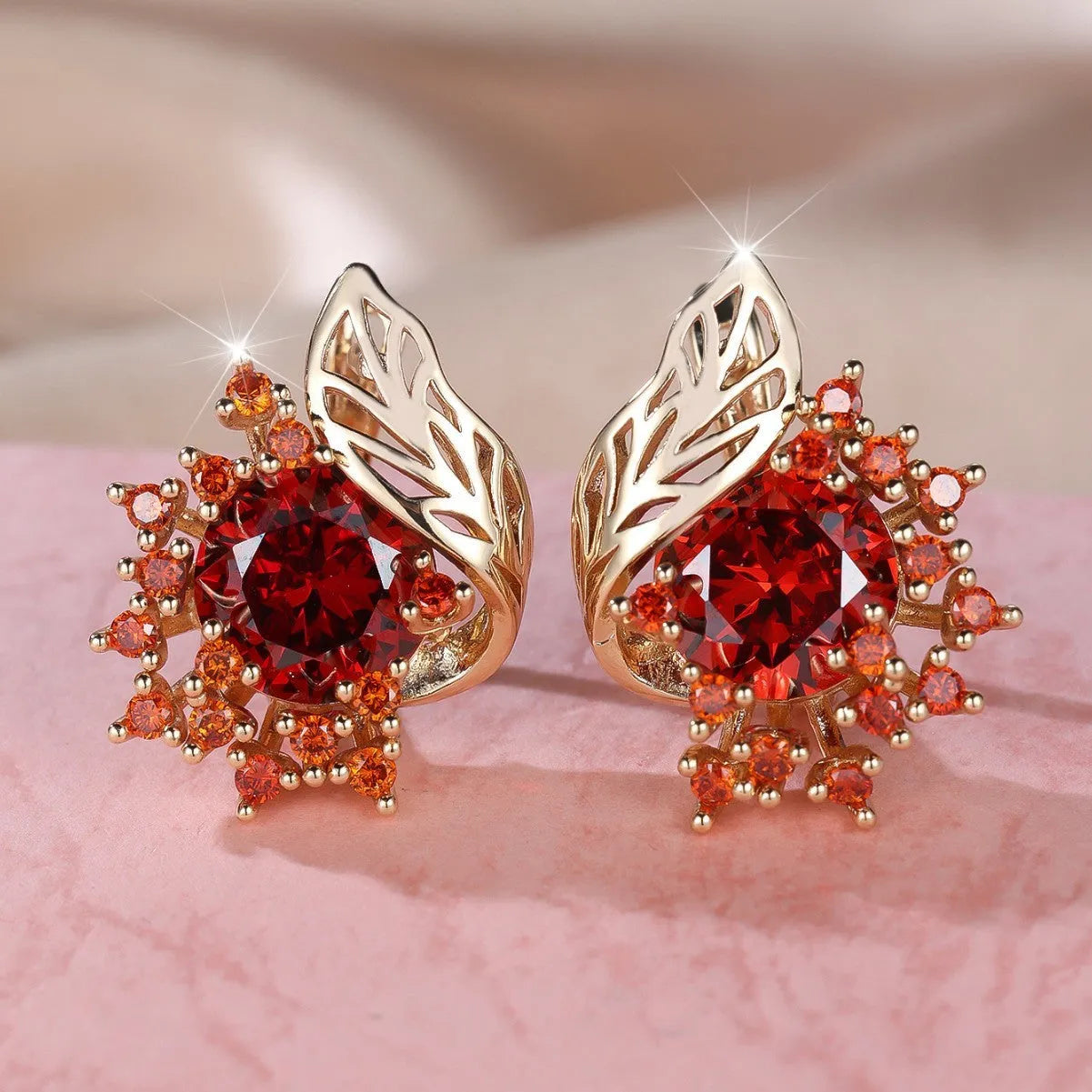 Round flowers feather zircon earrings with champagne gold electroplating and multiple diamond colour options