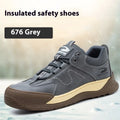 Men's black leather work safety shoes with a rubber sole and Flyknit-style upper on a work site background.