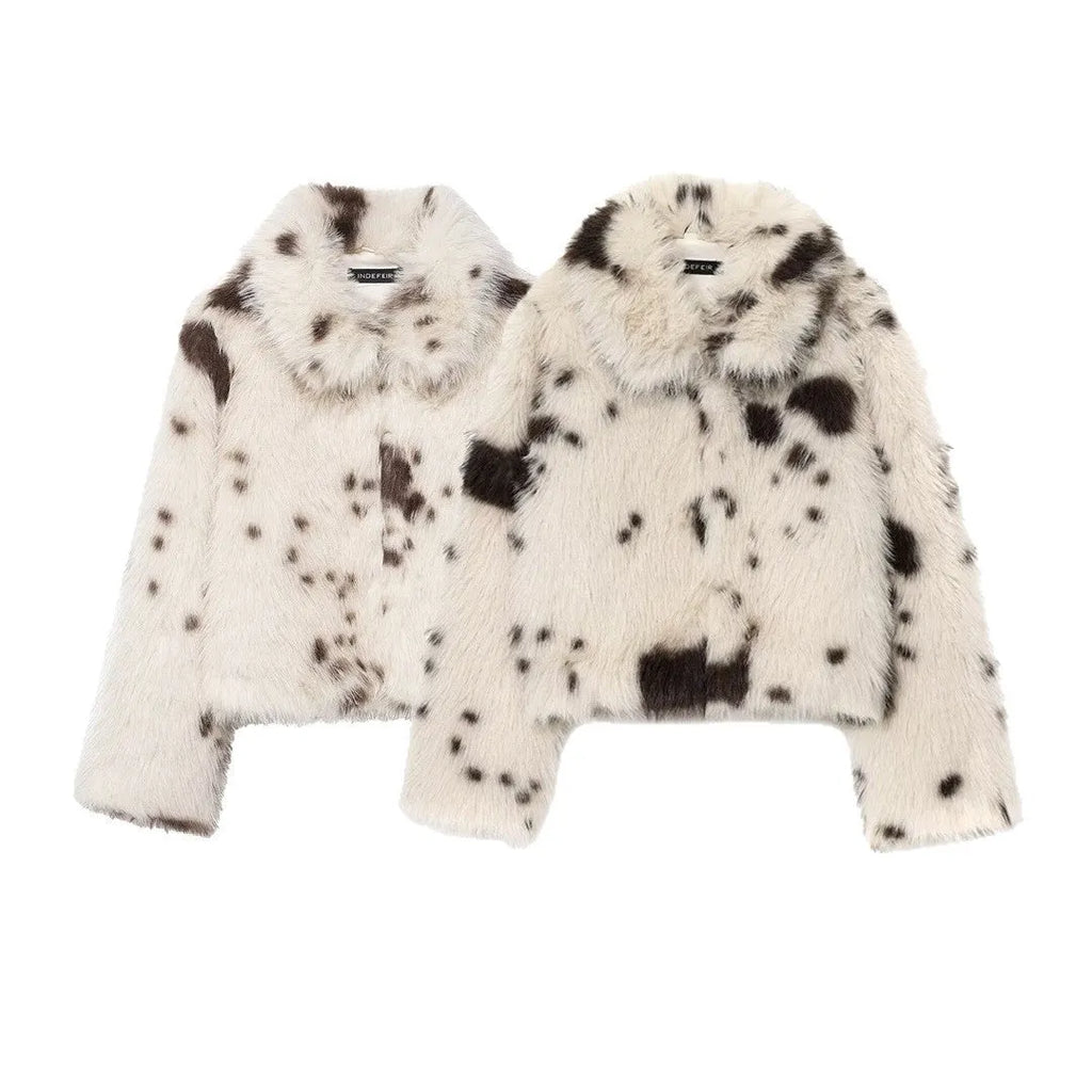 Artificial fur animal pattern coat for women with faux fur collar, brown colour, socialite style