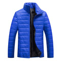 Men's cotton padded hooded cardigan jacket in green, front zipper, standing pose