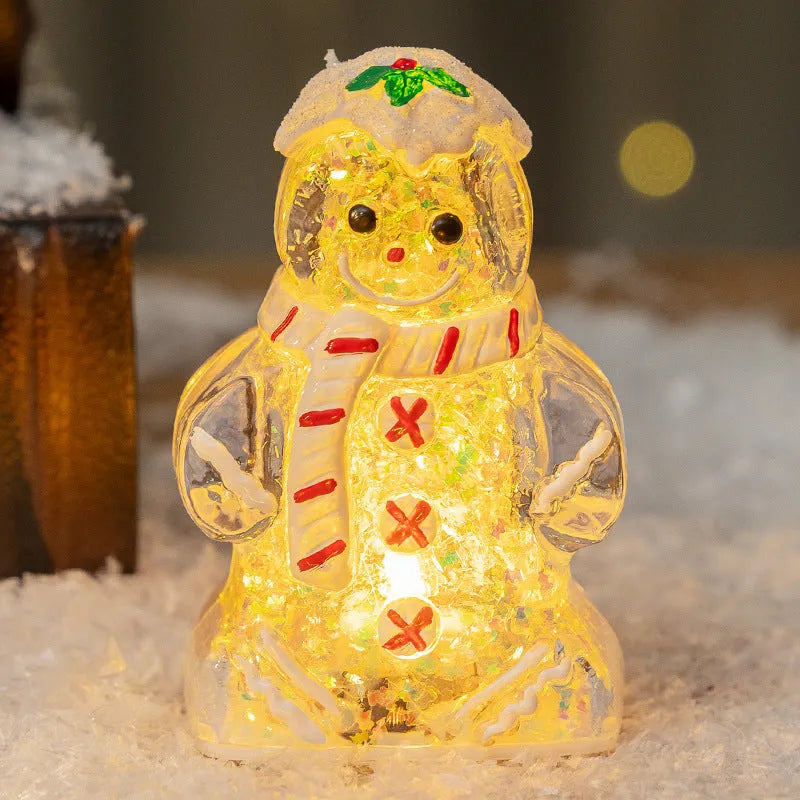 Glowing Christmas gingerbread man snowman ornament with a scarf in red, white, clear, or transparent red.