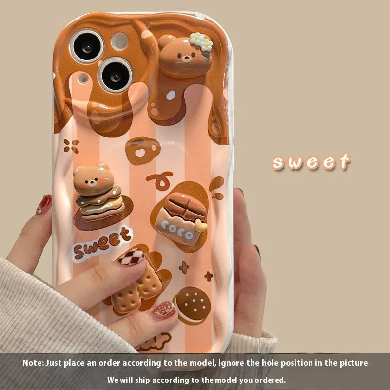 Cream pattern silicone phone case with chocolate bear doll lanyard for Apple iPhone 15 Pro