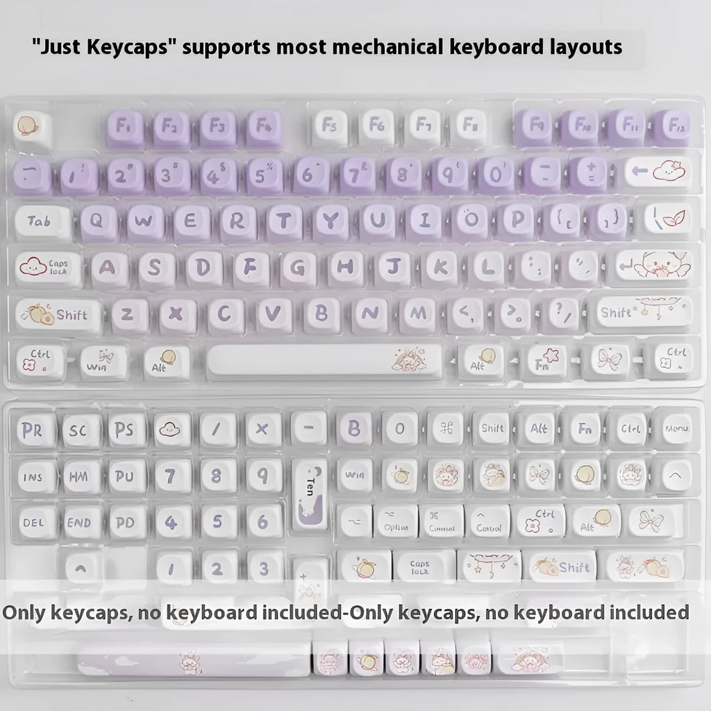 Set of purple gradient key caps for mechanical keyboard with white rabbit anime character design.