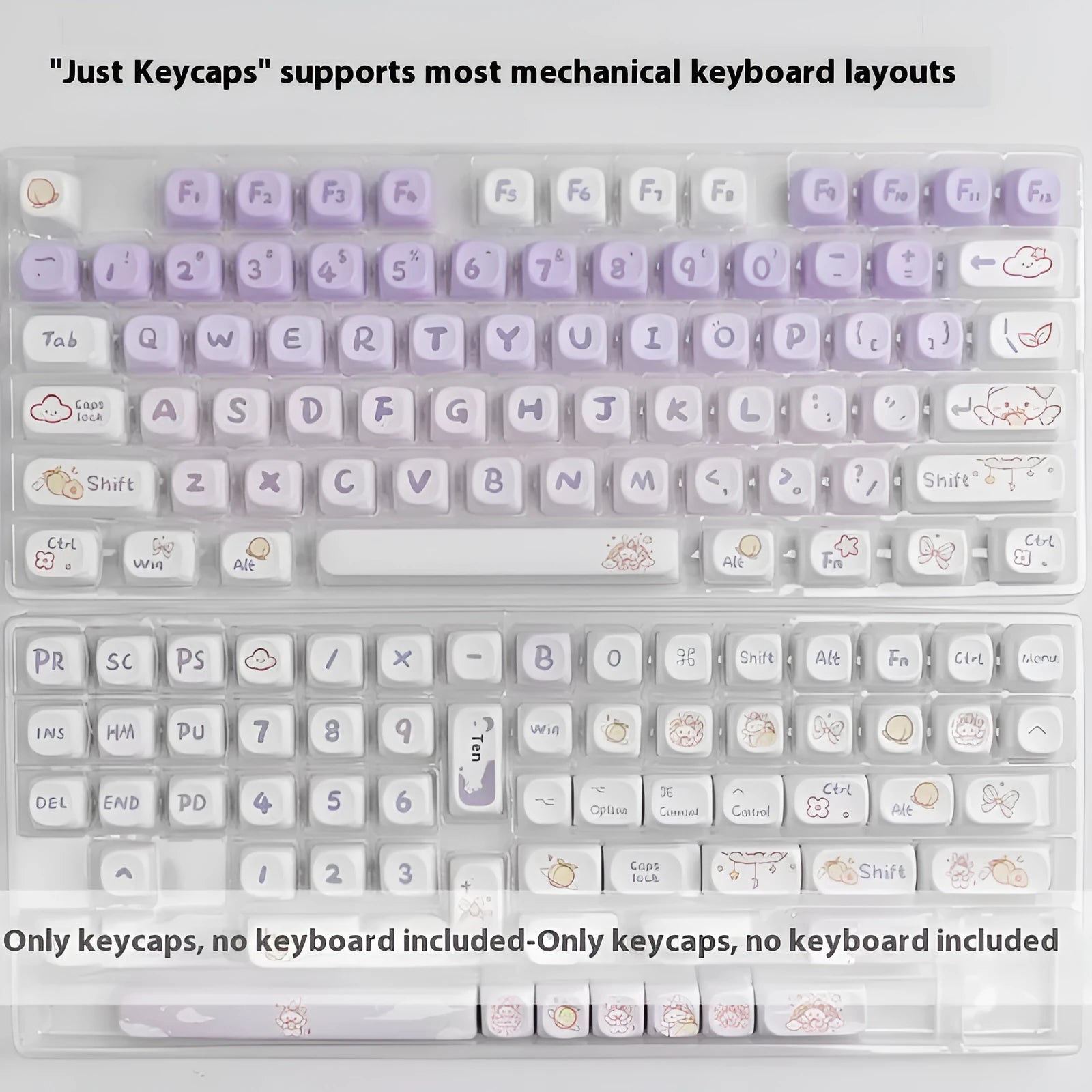Set of purple gradient key caps for mechanical keyboard with white rabbit anime character design.