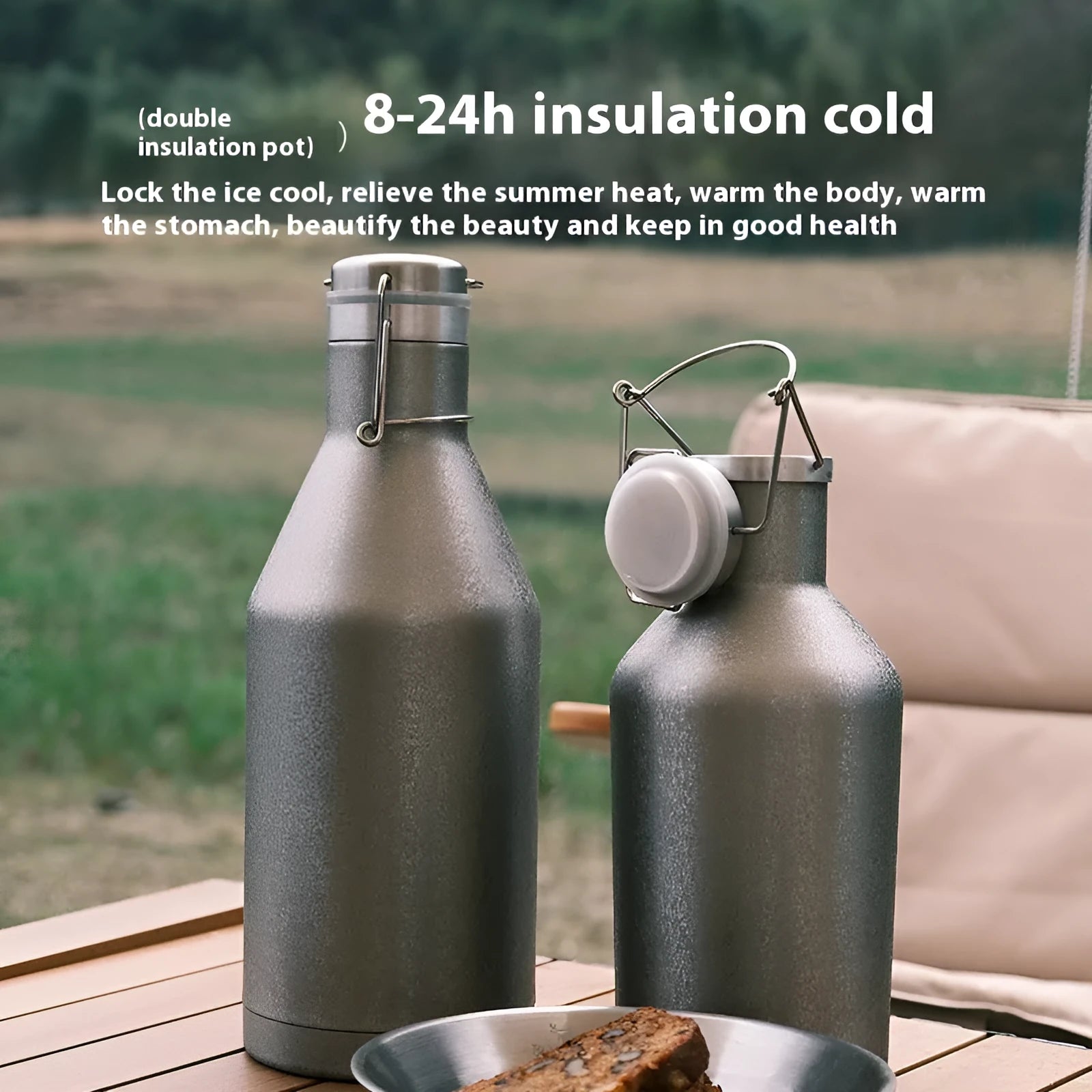 Large stainless steel thermal pot with carrying handle for outdoor camping and hiking use