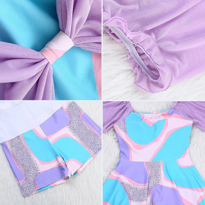 Women's floral high-waist one-piece swimsuit in light purple or light blue