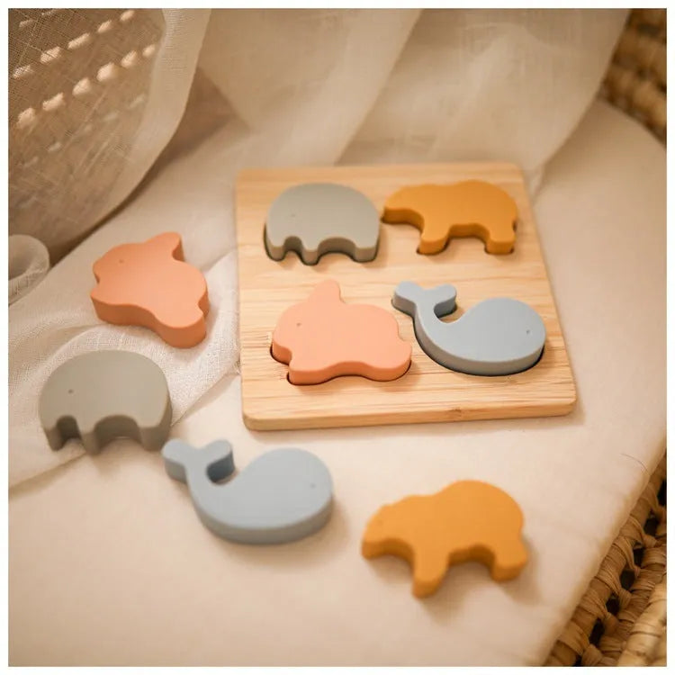Food grade silicone baby animal puzzle toys three-dimensional building blocks in primary colour